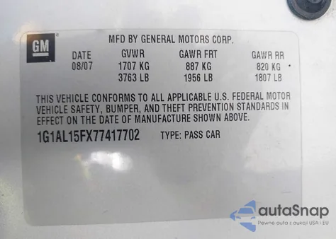 2007 Chevrolet Cobalt Lt из США, поврежденный, VIN 1G1AL15FX77417702